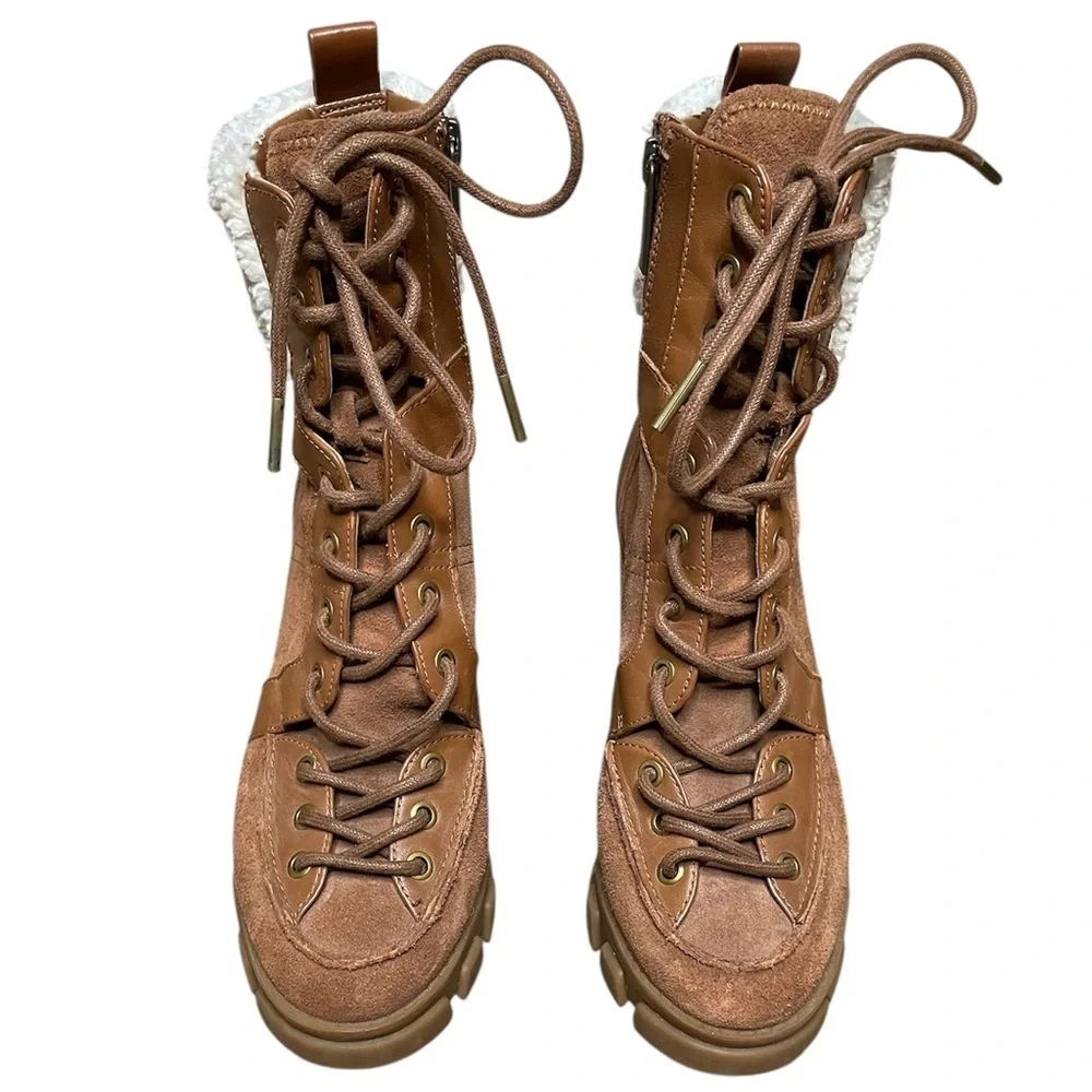 Michael Kors Ridley Leather And Sherpa Lace Up Boots Size 6.5 Women’s Brown